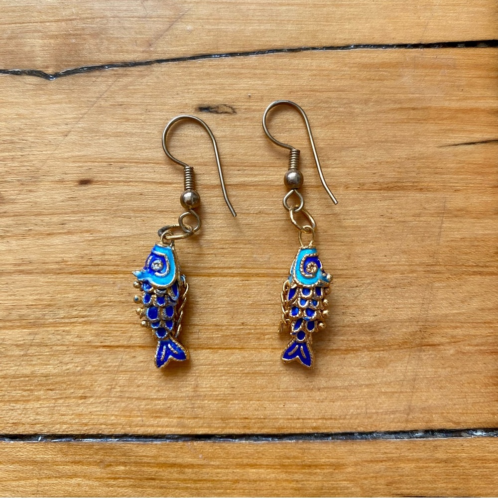 Blue and Gold Fish Earrings